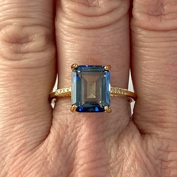 14K Gold Plated Sterling Silver 925 India Emerald Cut Blue Quartz Ring Sz 8.5 - Picture 15 of 16